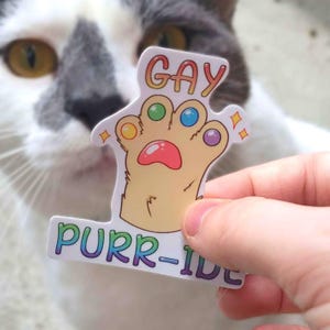 Puede incluir: Una pegatina con un diseño de pata de gato de dibujos animados, la palabra "GAY" encima y "PURR-IDE" debajo. La pata tiene círculos de colores en las almohadillas y brillos. En el fondo se ve la cara de un gato.