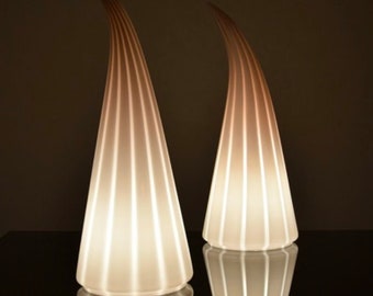 Pair of Vintage White and Clear Murano glass Conical Lamps by Vetri