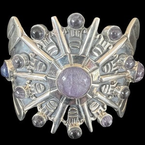 Vintage Taxco Mexiko Sterling Silber Amethyst Sunburst Retro Manschette Armband 102g