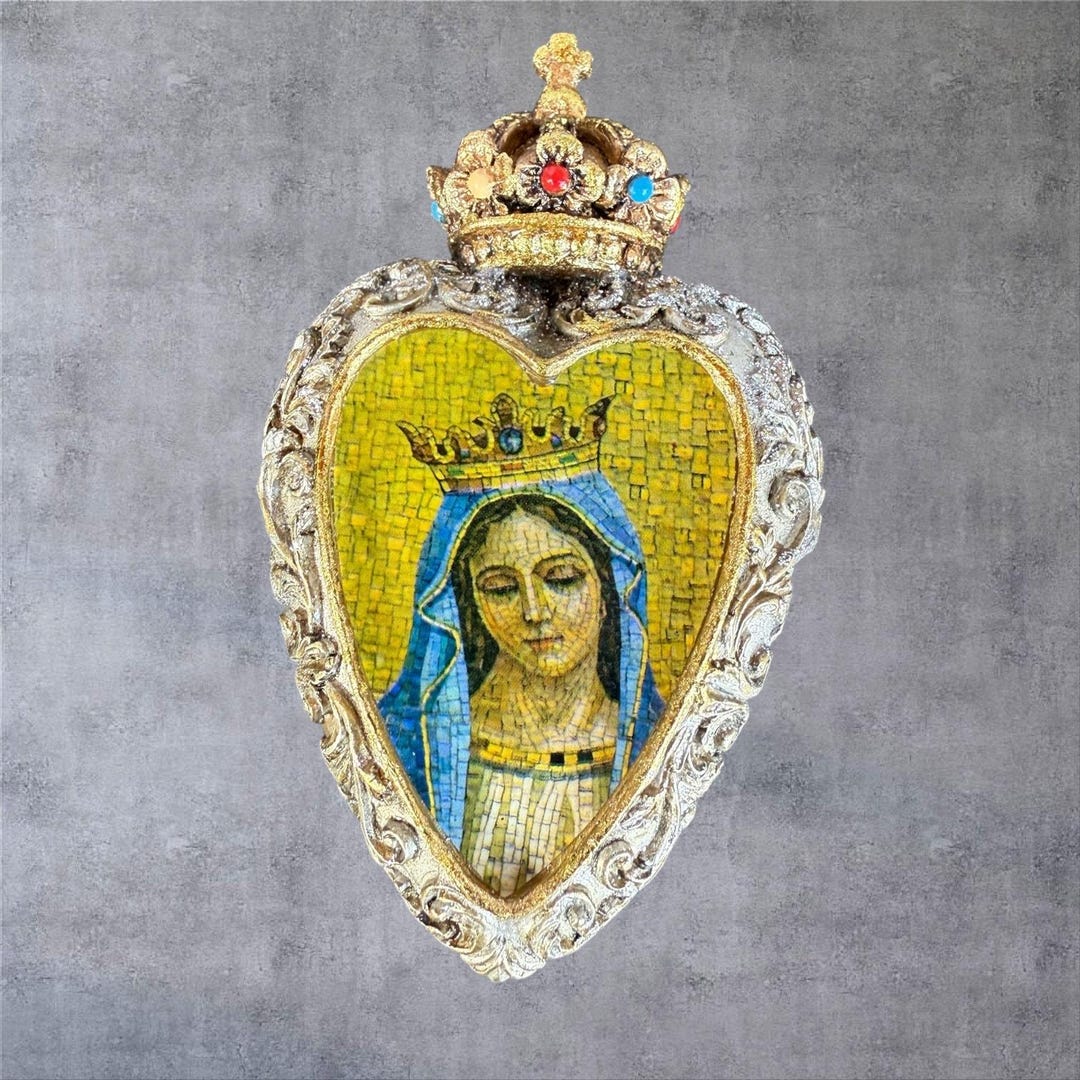 Our Lady of Fatima Sacred Heart Crowned Wall Plaque Mosaic Milagro Ex ...