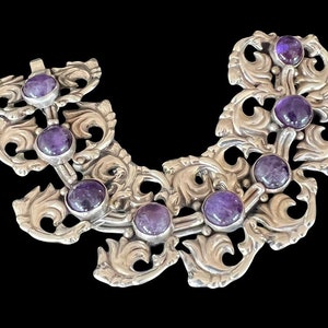 Hector Aguilar Design Taxco Mexico Silver Flowers with Amethyst Cabachons Bracelet