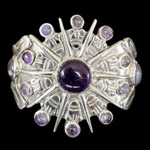 William Spratling Mexican Sterling Silver Amethyst Sunburst Cuff Bracelet 162g