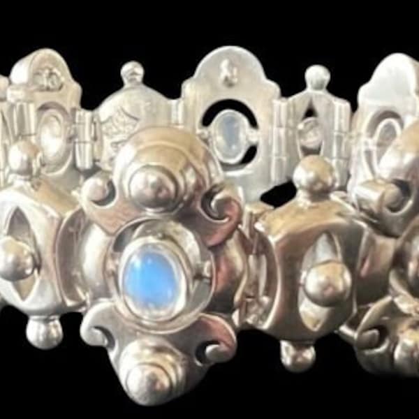 Antonio Pineda Taxco Mexico 970 Silver Moonstone Art Deco Bracelet 80g