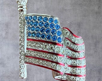 Vtg Swarovski Crystal American Flag Brooch Pin Silver Tone Red Enamel Retired 4th of July