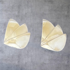 May include: A pair of wall sconces featuring a polished metallic finish with a multi-layered, fan-like structure. Each sconce has three distinct, curved, overlapping segments that create a dimensional, petal-inspired form with smooth edges.