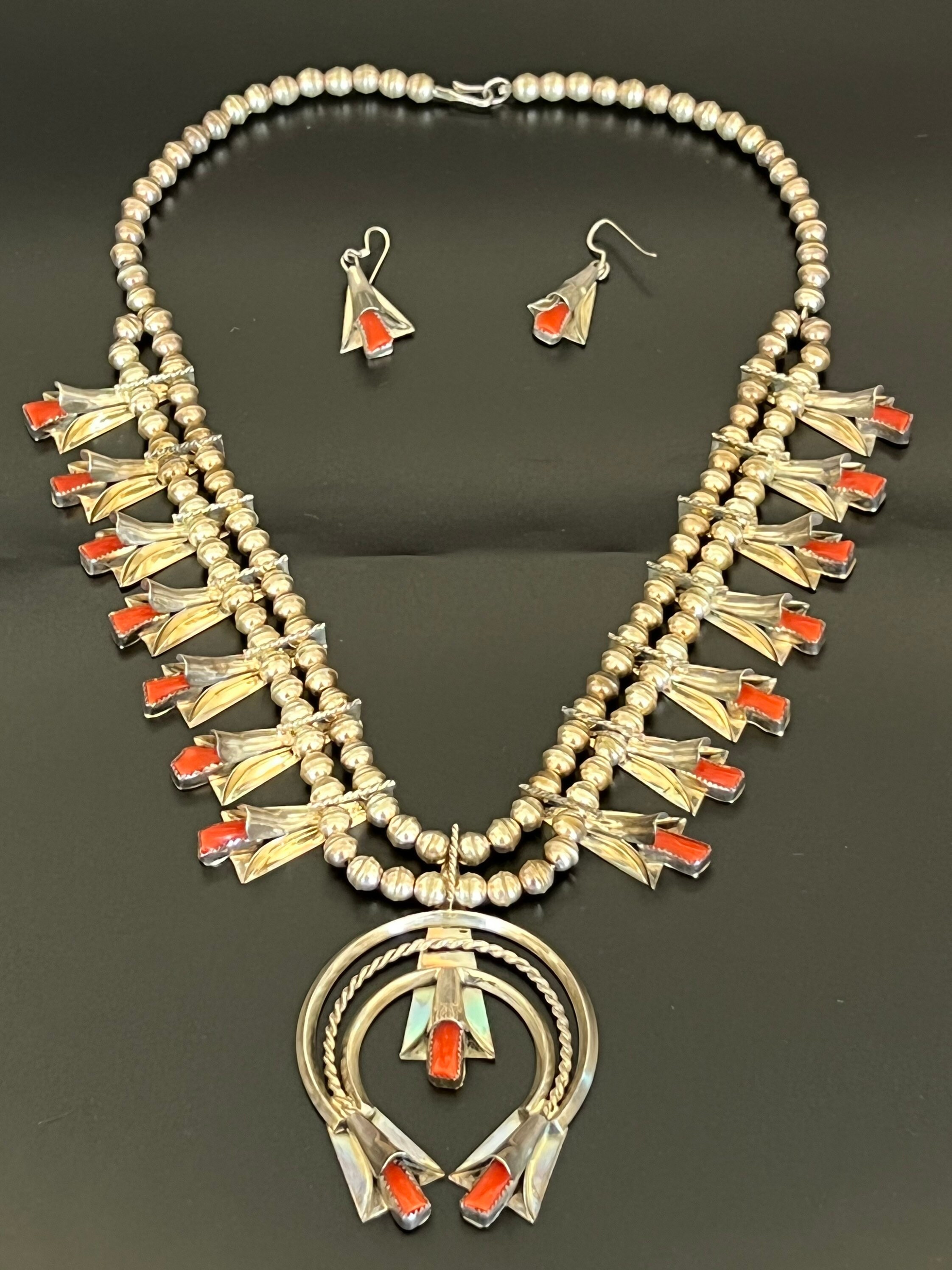 Frank Yazzie Navajo Sterling Silver Red Coral Squash Blossom Necklace