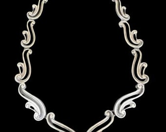 Margot de Taxco Mexico Art Deco Sterling Silver Swirl Necklace with Black Enamel