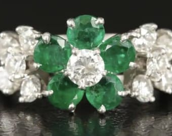 Cartier Platinum Emerald and Diamond Triple Flower Ring Ca. 1950s