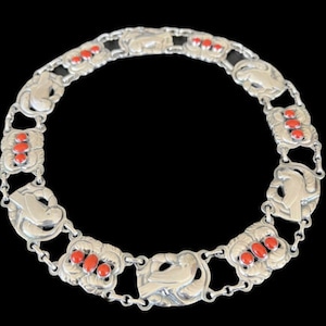 Vintage Georg Jensen Danish Denmark Sterling Silver Coral Dove Bird Panel Links Mid Century Necklace No. 17