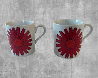 Vintage 1970s Flower Power Coffee Mugs Pair Red Daisy Retro MCM Japan Ceramic Cup