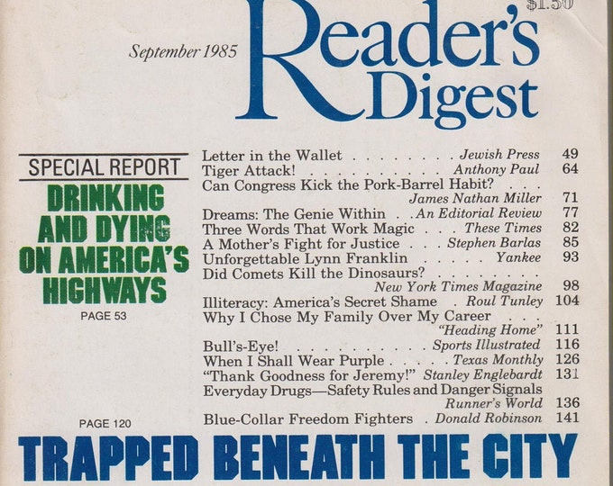 Reader's Digest September 1985 Trapped Beneath The City; Blue Collar Freedom Fighters; Dreams; The Genie Within (Magazine: General Interest)