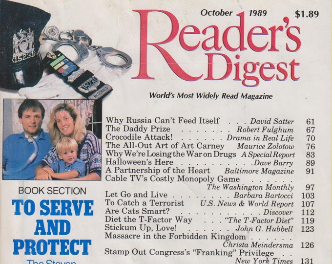 Reader's Digest October 1989 To Serve and Protect - The Steven McDonald Story;  Are Cats Smart (Magazine: General Interest)