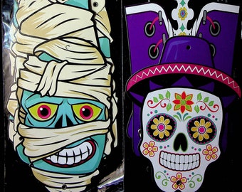 Mummy and Sugar Skull Skeleton - Paper Jointed Halloween Decor 44.5 inches (Set  of 2: Halloween Decor, Day of the Dead Decor))