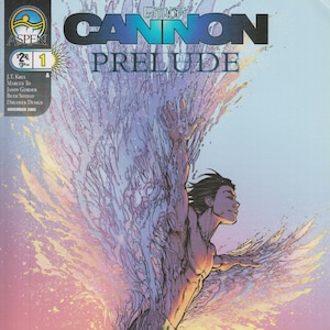 May include: Comic book cover for "Fathom: Cannon Prelude" featuring a male figure emerging from water, with stylized wings and a sunset background. The title and issue number are visible, along with the Aspen Comics logo.