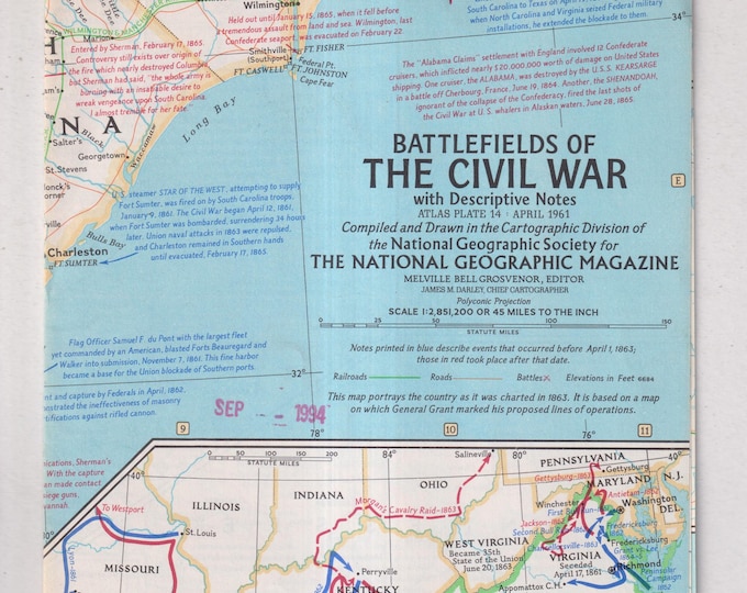 Battlefields of The Civil War  National Geographic April 1961 (Vintage Map)