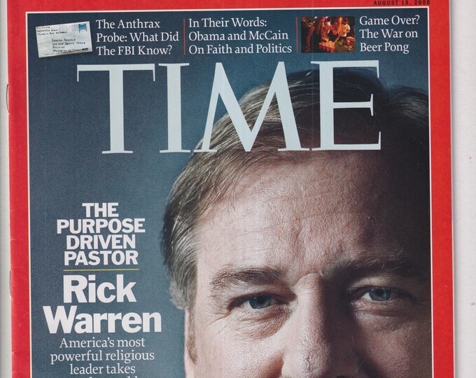 Time August 18, 2008 Rick Warren, Obama and McCain on Faith and Politics, Beer Pong (Magazine: News, Current Events)