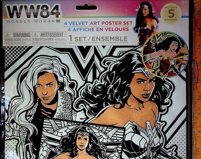 Set of 4 Wonder Woman WW84 Velvet Art Poster Set with 5 Mini Markers  (Art, Activity, Children's Coloring Poster)