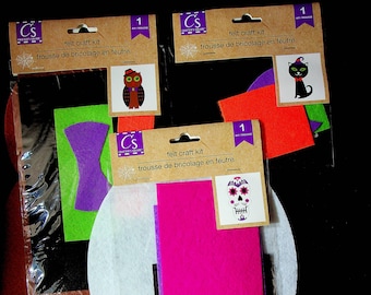 Black Cat, Sugar Skull, Owl  - Set of Three Halloween Felt Craft Kits (Children's Crafts)