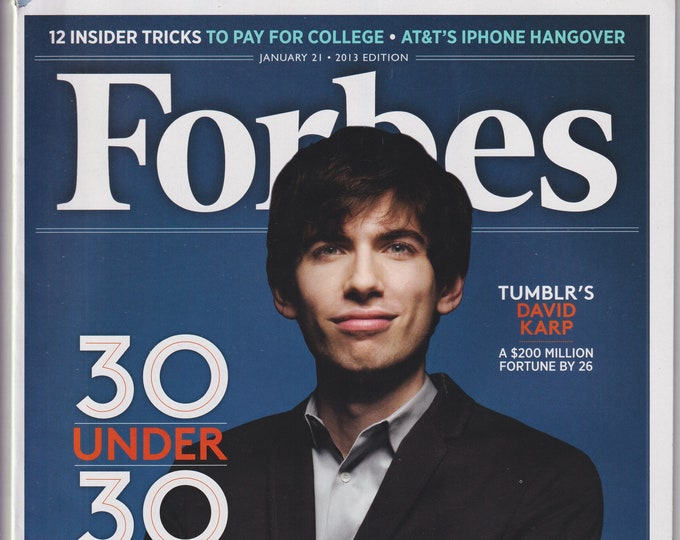 Forbes January 21, 2013 Tumblr's David Karp, 30 Under 30  15 Fields, 450 Prodigies  (Magazine:  Business, Finance)