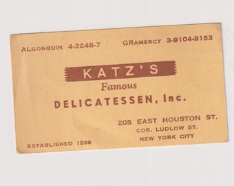 1959 Katz's Famous Delicatessen Business Card and Calendar (New York City)