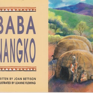 May include: A book cover with the title "Baba Nango" in purple text on a yellow background. The cover also includes a brown and white illustration of a hut with a person standing in the doorway.