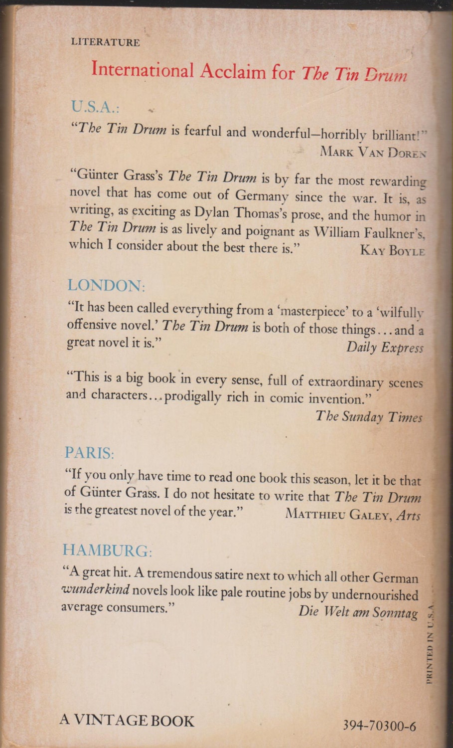 The Tin Drum by Gunter Grass (Paperback Fiction) 1964