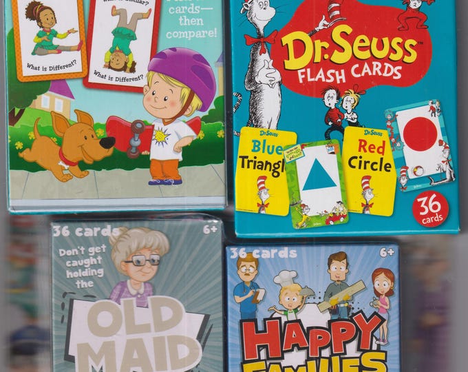 4 Card Games: Little People Learning Cards, Dr. Seuss Flash Cards, Old Maid Card Game, Happy Families Card Game (Children's Card Games)