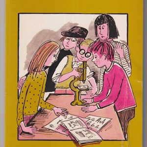 May include: A vintage book cover titled "The Case of the Secret Scribbler" with illustrations of children examining a microscope and papers. The cover is yellow with white text and illustrations in a retro style.