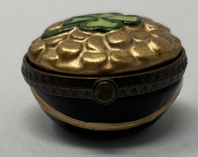 Vintage  Porcelain Pot Of Gold Hinged Trinket Box with Tiny Elf Shoe