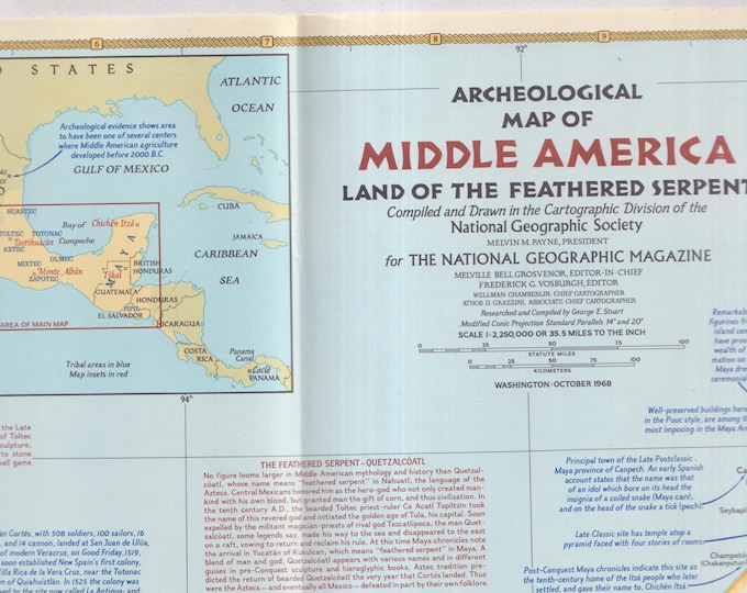 Archeological Map of Middle America National Geographic Map October 1968 (Vintage Map)