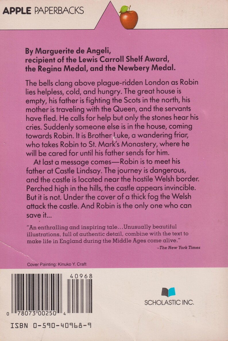 以下が含まれることがあります： 赤いリンゴのイラストが描かれたピンク色のペーパーバックの表紙。本のタイトルは「Apple Paperbacks」、著者はマルグリット・デ・アンジェリ。この本は、戦争中に修道院に送られたロビンという少年の物語です。本の表紙には、ニューヨーク・タイムズの引用が載っています。