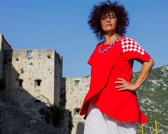 Croatian Embroidered Cotton Tunic Dress, Asymmetric Overlap Design
