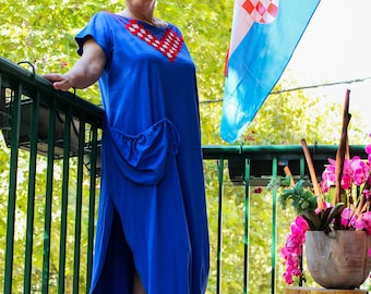 Croatian Cotton Tunic Dress with Embroidered Emblem, One Size