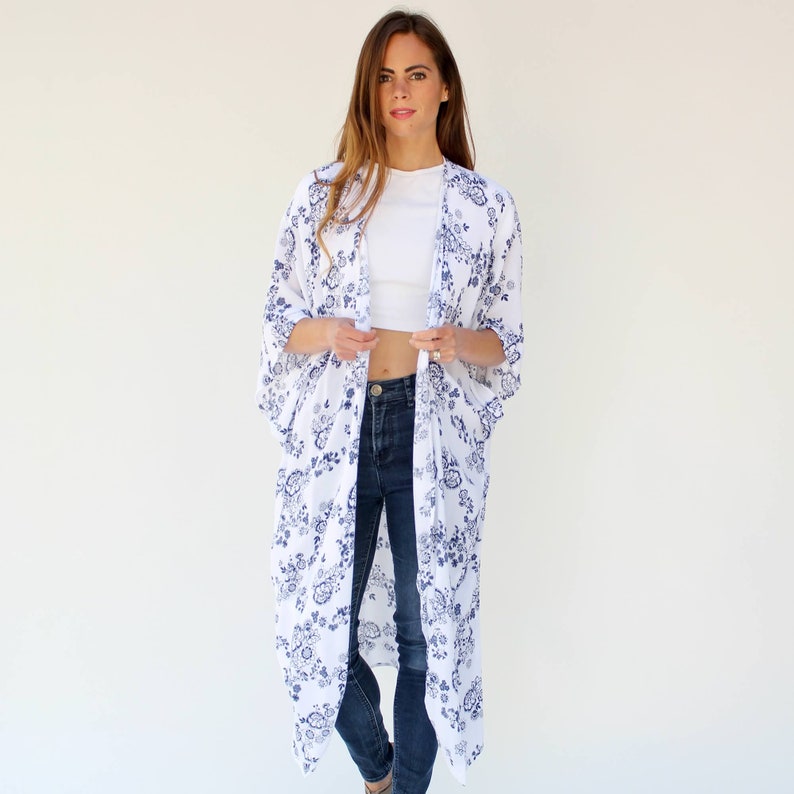 Long Lightweight Summer Cardigan Cover up Swimsuit coverup Bohemian Clothing White boho kimono duster with navy flowers Floral Duster