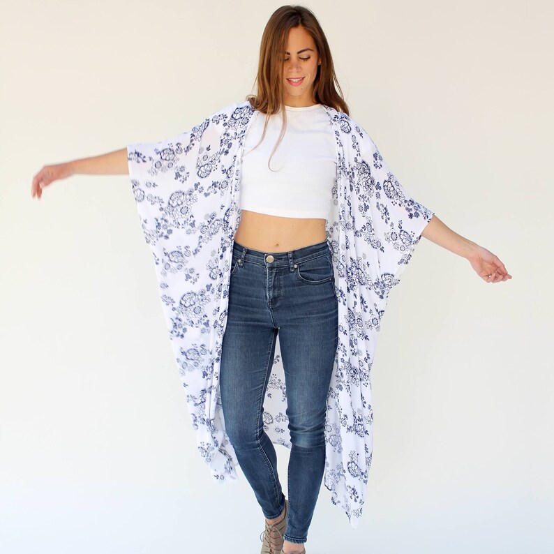 Long Lightweight Summer Cardigan Cover up Swimsuit coverup Bohemian Clothing White boho kimono duster with navy flowers Floral Duster