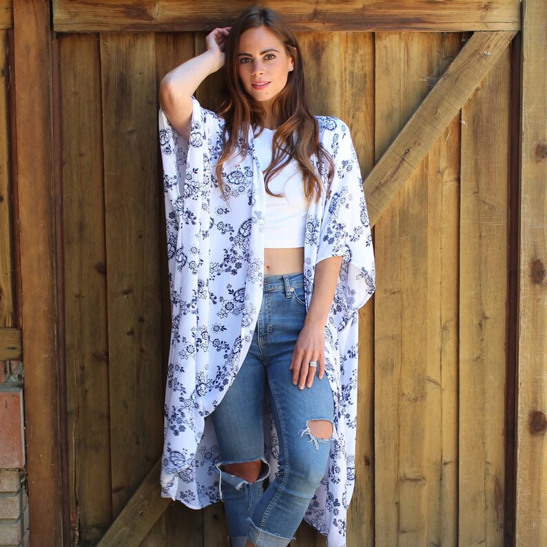 Long Lightweight Summer Cardigan Cover up Swimsuit coverup Bohemian Clothing White boho kimono duster with navy flowers Floral Duster