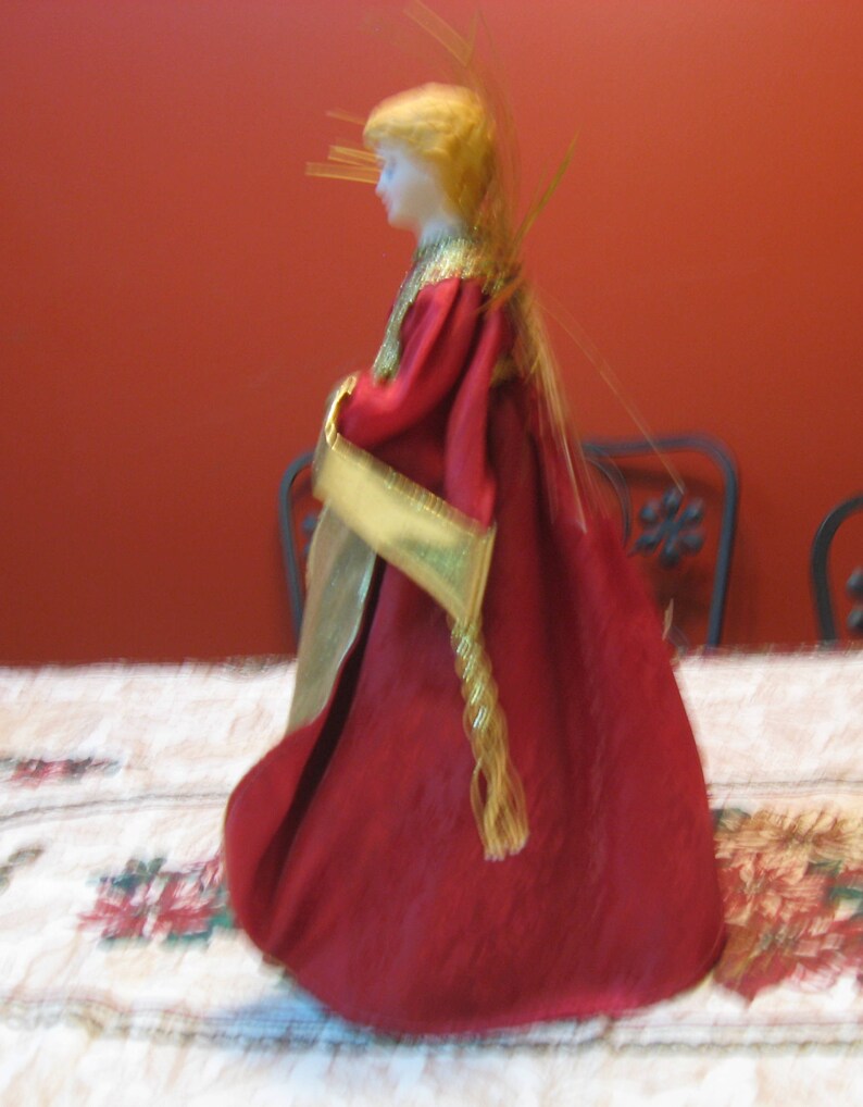 Vintage Angel Tree Topper Dressed in Red colored dress with Beautiful design Trimmed in Gold with Gold tinsel Halo  Free Shipping!