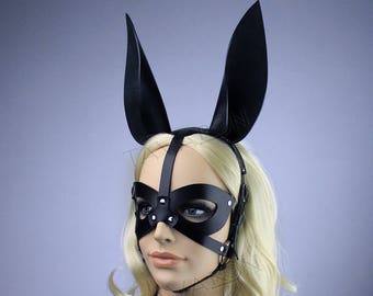 Black leather rabbit mask, leather bunny mask, petplay mask, bunny ears