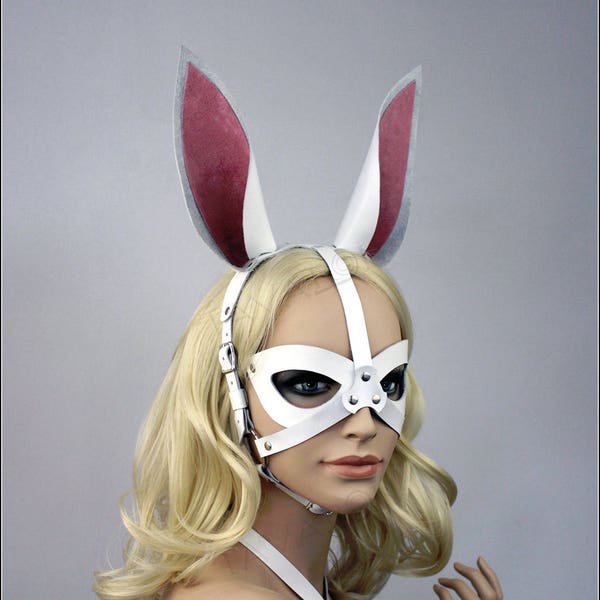 Máscara de conejo de cuero blanco, máscara de conejo de cuero, máscara de juego de mascotas, orejas de conejo