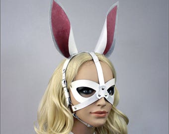 White leather rabbit mask, leather bunny mask, petplay mask, bunny ears