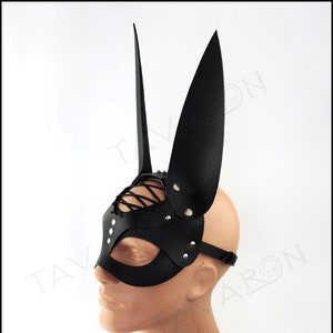 Black leather rabbit mask, leather bunny mask, petplay mask, bunny ears