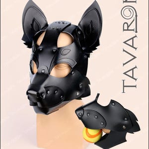 Leather black fox wolf mask, pup hood with a moving jaw