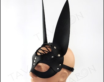 Black leather rabbit mask, leather bunny mask, petplay mask, bunny ears