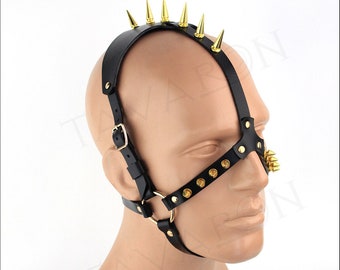 Leather face harness, leather head harness, spiked fetish mask, punk mask