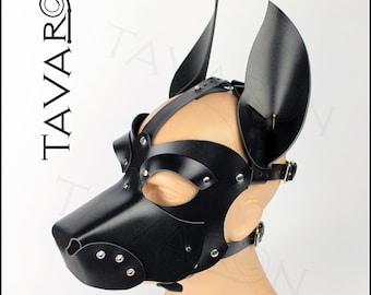 Leather dog mask, leather pup hood, pet play hood