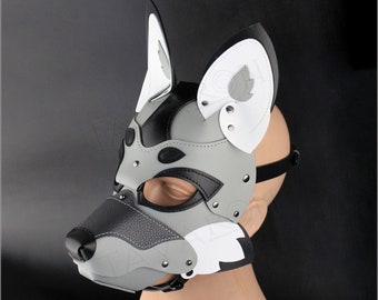 Grey leather fox mask, leather wolf mask, leather dog mask, pet play hood, puppy mask