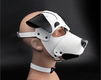 Máscara de cuero blanca para perros, capucha de cuero para cachorros, capucha de juego para mascotas