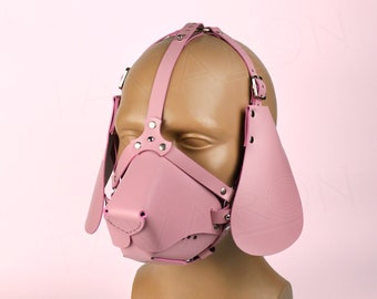 Leather dog mask, Leather pup hood, Pink dog mask, Pet play mask
