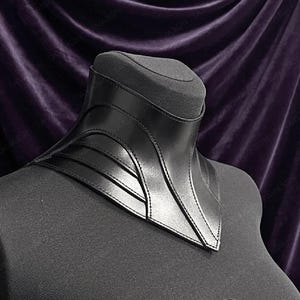 May include: A black leather neck collar featuring a high-neck design with structured, layered panels that extend down towards the chest. The piece is displayed on a mannequin and includes the word TAVARON printed in a dark font on the chest area.