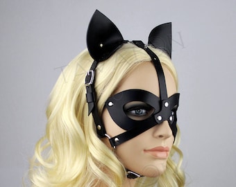 Leather cat mask,  petplay mask, cat ears